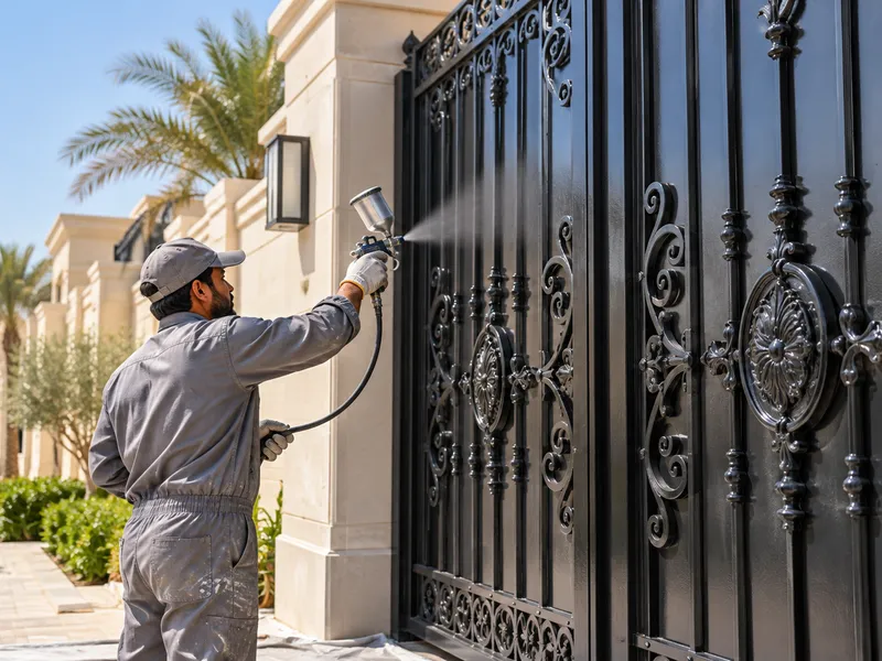 معلم دهان أبواب حديد بالرياض يرش الدهان على بوابة حديدية لفيلا