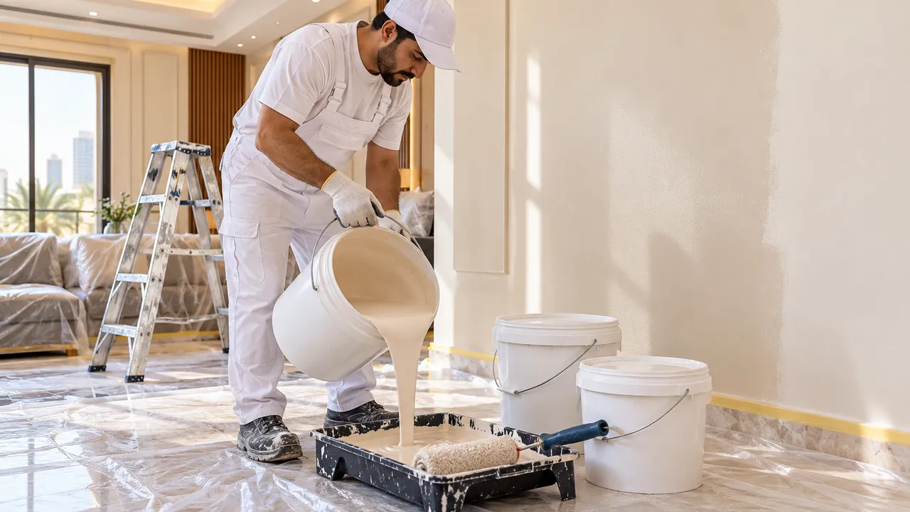دهان بالرياض يجهز الدهان قبل دهان جدار شقة سكنية