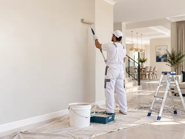معلم دهان فلل بالرياض يطلي جدار صالة فيلا حديثة