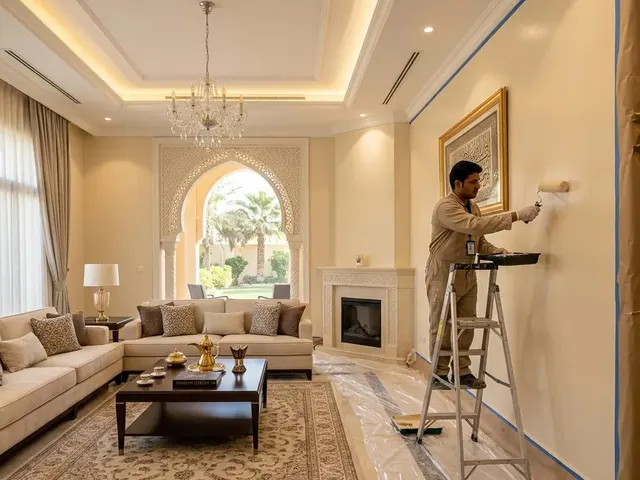 معلم دهانات داخلية بالرياض يدهن جدار مجلس فيلا