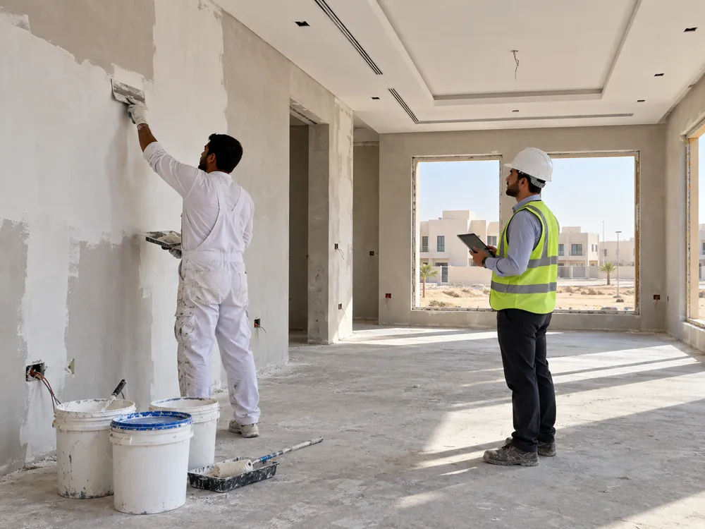 معلم بويه العارض يؤسس جدران فيلا جديدة بالتنسيق مع المهندس