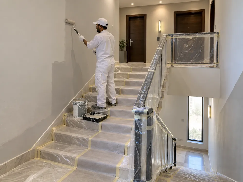 معلم بويه الصحافة يدهن درج ومدخل عمارة سكنية