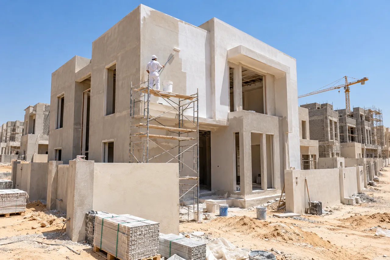 معلم دهانات العارض يدهن فيلا تحت الإنشاء في حي العارض