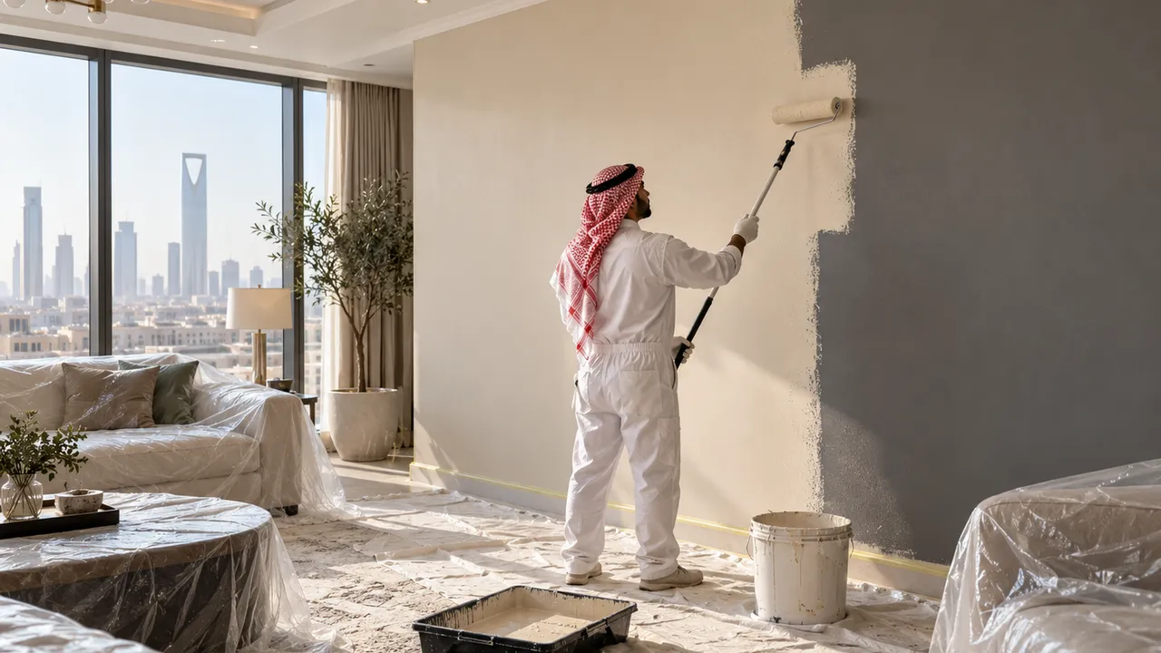 معلم دهانات الندى يجدد ألوان صالة منزل