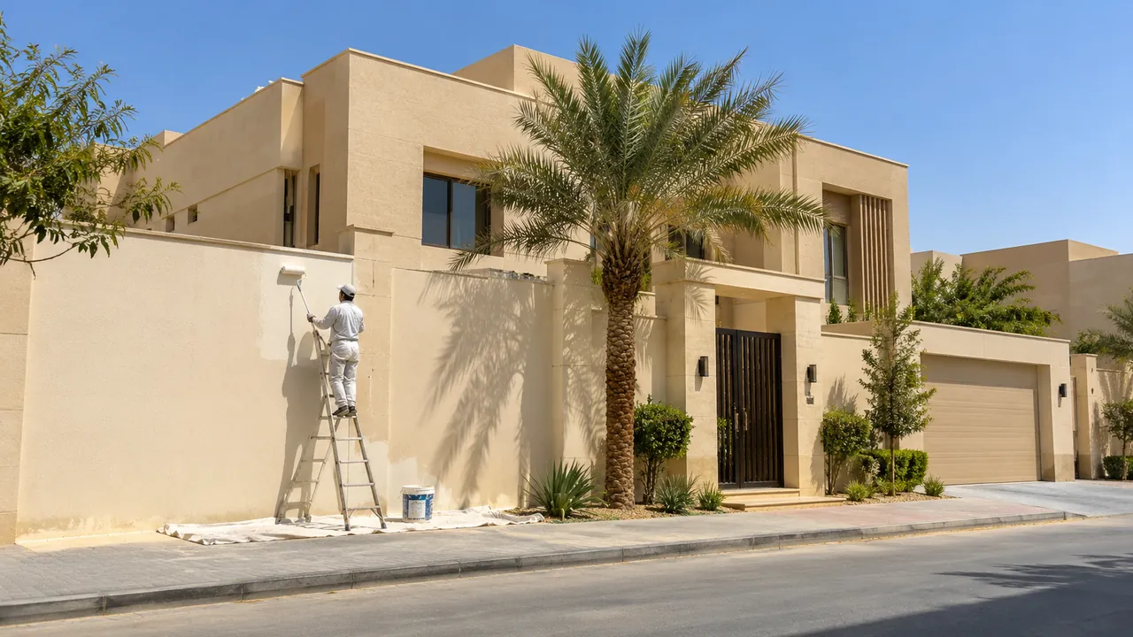 معلم دهانات الربيع يدهن سور وواجهة فيلا سكنية في شمال الرياض