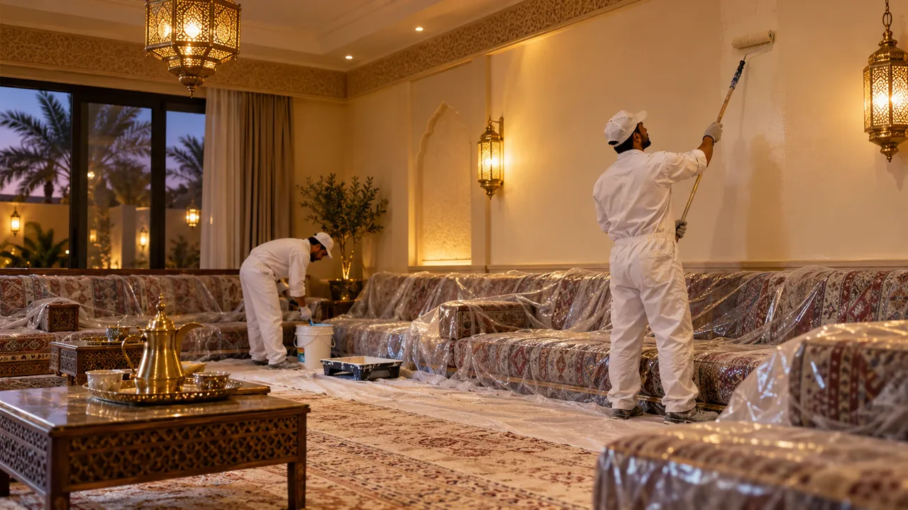 معلم دهانات التعاون يجدد دهان مجلس الضيوف قبل المناسبة