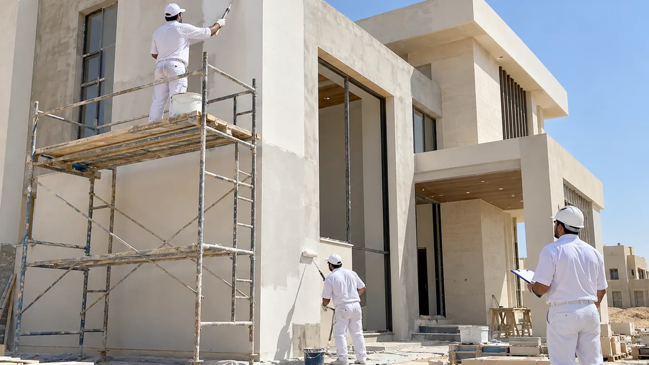 مقاول دهانات بالرياض ينفذ دهانات فيلا تحت الإنشاء بإشراف ميداني