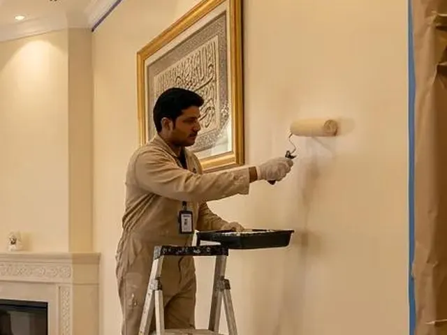 معلم بويه يجدد دهان جدار قديم في مجلس منزل بالرياض